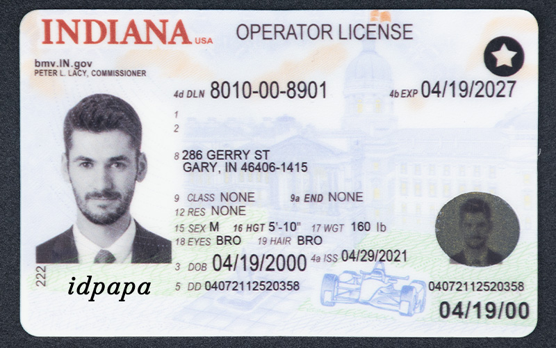 Fake Indiana driver’s license with the name IDPAPA and a photo of a man in a suit